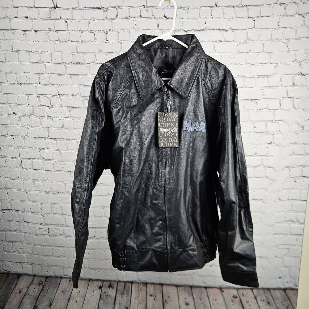 Burks Bay Mens Black Genuine Leather NRA Bomber Jacket Size L NWT 6370